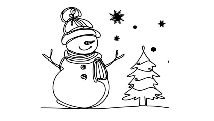 one continuous line drawing of a snowman and a christmas tree