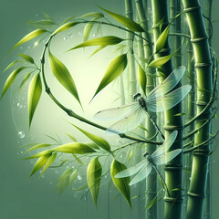 A serene depiction of bamboo stalks intertwined with vibrant green leaves.