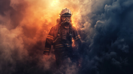 Fototapeta premium Firefighter in action surrounded by intense flames.