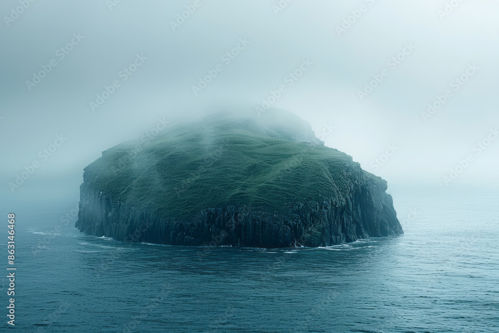 Aufkleber island covered in a thick layer of mist, creating an eerie and mysterious atmosphere,