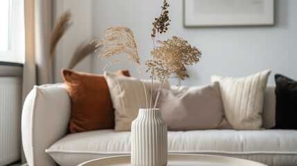 Cozy living room with neutral decor and dried flowers in a vase.