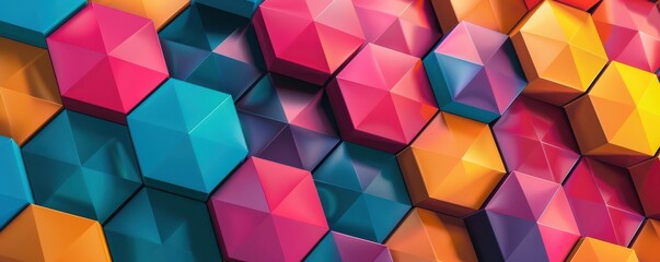 Obraz premium A colorful abstract background with triangles and squares. The colors are bright and vibrant, creating a sense of energy and excitement. 