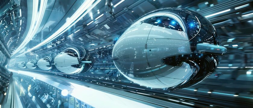 Detailed view of a futuristic transportation hub with levitating vehicles, with ample copy space