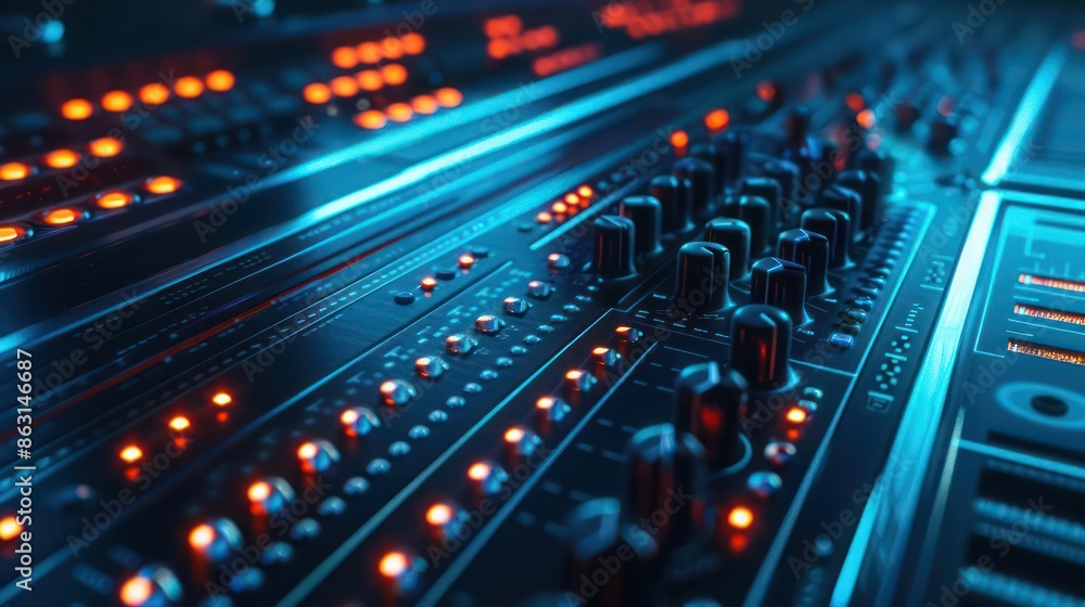 Poster detailed view of a futuristic soundboard with glowing controls, with ample copy space