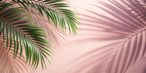 Obraz premium Soft blurred shadows of palm leaves adorn a light pink wall, creating a serene and soothing background perfect for spring and summer product presentations.
