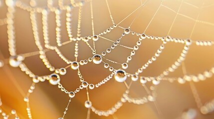 : A detailed macro shot of morning dew on a spider web, with each droplet reflecting the early morning light.
