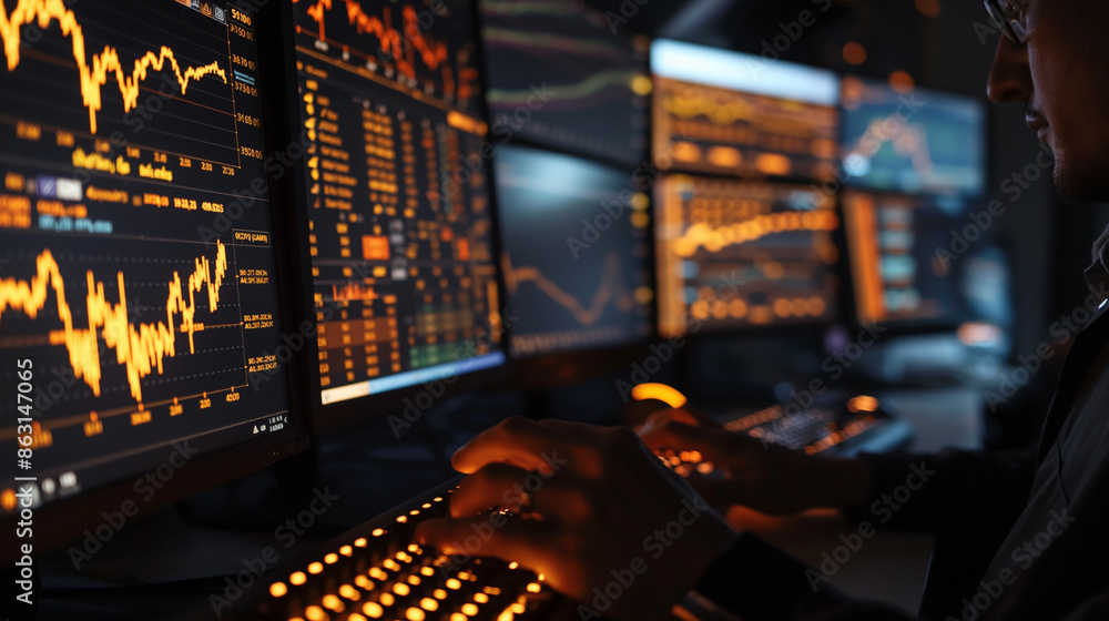 Poster multiple monitors displaying stock market data in a control room.