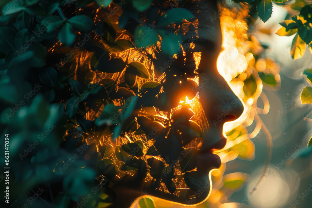 Aufkleber silhouette of a person composed of intertwining vines and leaves, symbolizing connection with nature
