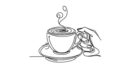 one line drawing of a hand holding a coffee mug