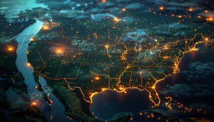 Urban IoT Network, major US cities are interconnected by a network of glowing pathways and data nodes,  IoT in urban environments.
