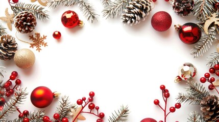 Festive frame with red and gold decorations on white background for New Year and Christmas