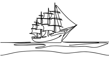 A continuous line drawing of a ship