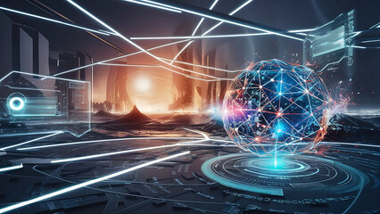 Digital background perfect for tech processes, neural networks, artificial intelligence, data transfer and encryption, digital archives, sound and graphic presentations, science, education, etc. 