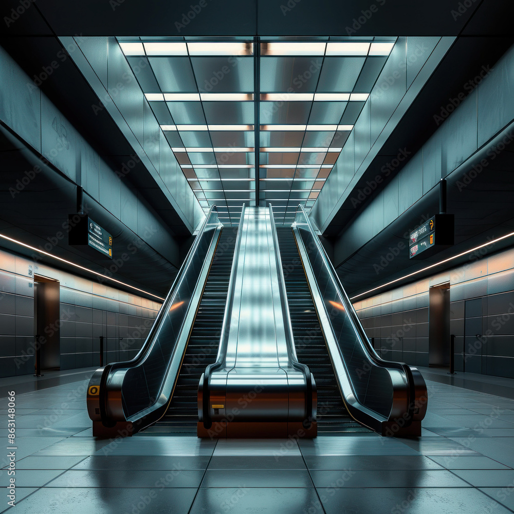 Poster Futuristic Escalators in Modern Subway Station. Generative ai