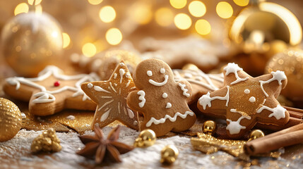 Festive arrangement of gingerbread cookies and decorations.