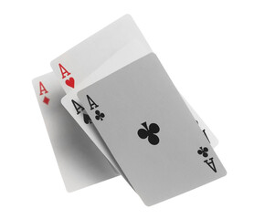Flying playing card for poker and gambling, three aces isolated on white, clipping path