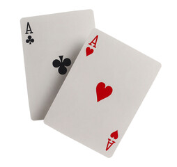 Flying playing card for poker and gambling, two aces isolated on white, clipping path