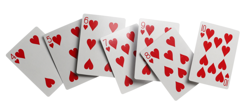 Flying playing cards for poker and gambling, series of heart cards , 5, 6, 7, 8, 9 and 10 isolated on white, clipping path