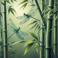 A serene depiction of bamboo stalks intertwined with vibrant green leaves.