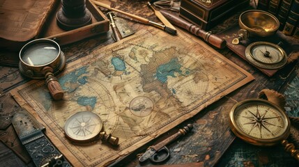 Detailed view of an ancient cartographer s tools beside a holographic map table, with copy space
