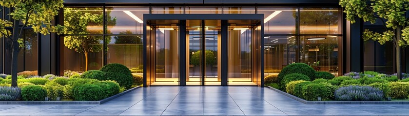 Obraz premium Modern office building entrance with glass doors and landscaped greenery for a professional corporate setting.