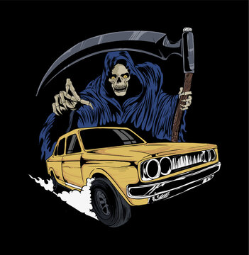 Grim Reaper With Car Road of Death Illustration