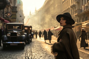 Historical street view of Prague City in 1930's. Czech Republic in Europe.