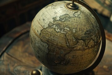 Highdefinition shot of an oldworld globe with digital coordinates and interactive points, with room for text