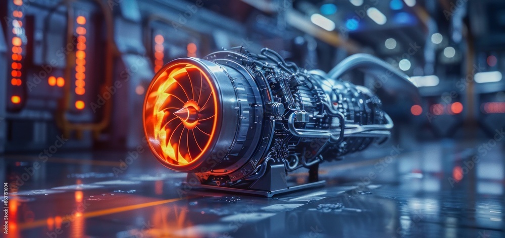 Poster advanced jet engine with glowing turbine. generative ai