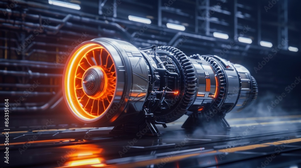 Poster advanced jet engine with glowing turbine. generative ai