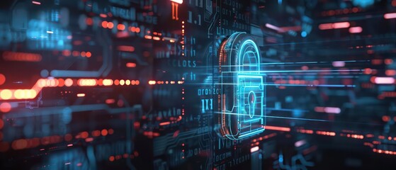 Fototapeta premium Highdefinition shot of an encrypted digital lock on a holographic display, with ample copy space