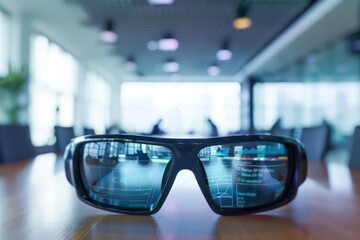 Highdefinition shot of augmented reality glasses displaying a business meeting agenda, with ample copy space