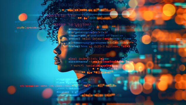 Portrait of Woman with Digital Code Overlay. Generative ai