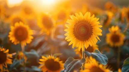 Fototapeta premium A field of sunflowers with a single sunflower in the foreground