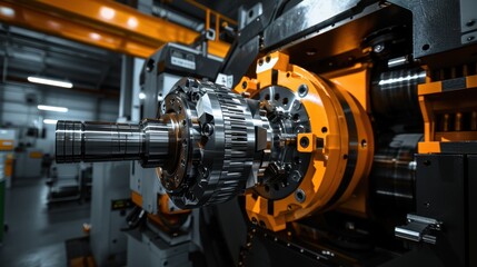 High-precision CNC machine in industrial factory, displaying advanced engineering and mechanical components in a modern manufacturing setup.