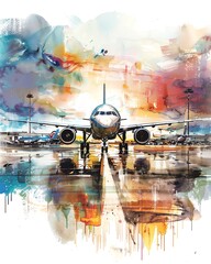 Watercolor Painting of Airplane on Runway at Sunset. Travel and Aviation Art