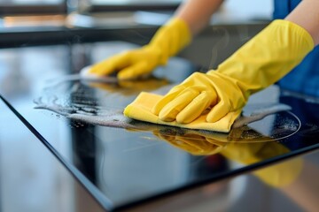 Housewife cleaning and polishing electric cooker with rubber protective gloves. Black shiny surface of kitchen top, hands, and detergent.