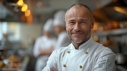 Fototapeta premium Across the kitchen, a famous chef smiles and crosses his arms. His staff is working in the background.