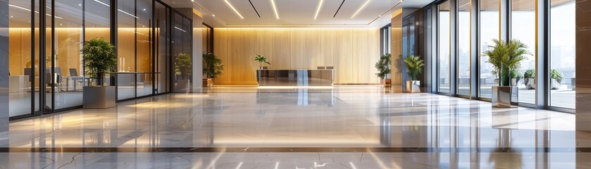 Fototapeta premium Modern office lobby with sleek glass walls, indoor plants, and natural lighting creating a professional and welcoming atmosphere.