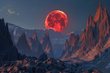 The red moon framed by the jagged peaks of a mountain range, its light casting a subtle red hue over the rocky landscape, creating a majestic and otherworldly atmosphere.