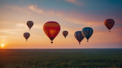 Fototapeta premium Colorful hot air balloons flying in the sky, sunset in the background.