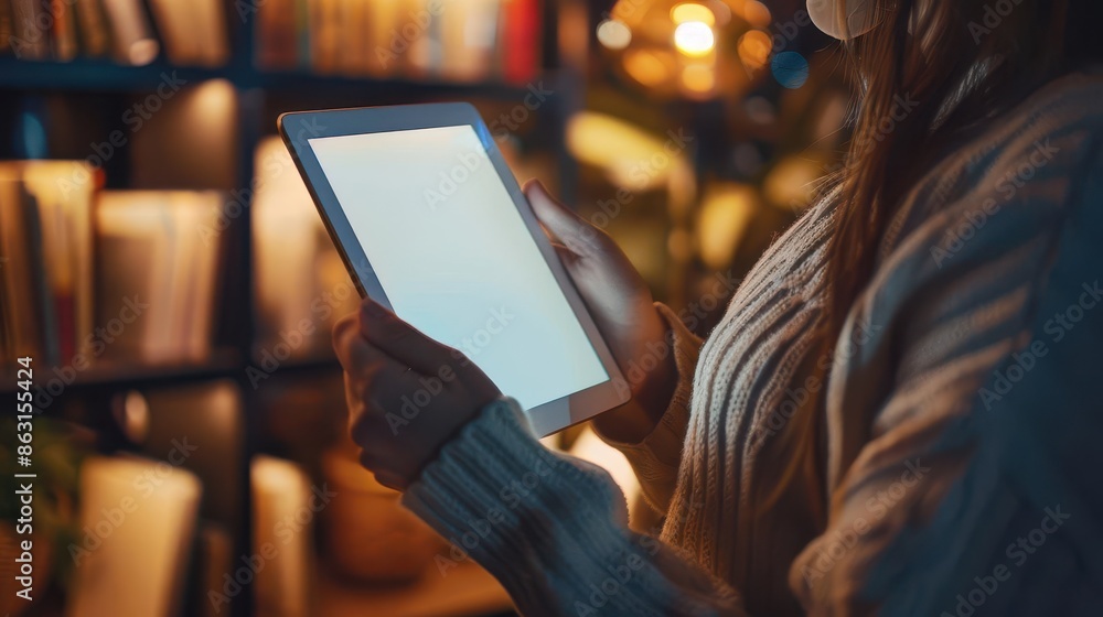 Aufkleber closeup of womans hands using a digital tablet with blank screen symbolizing technology and connecti