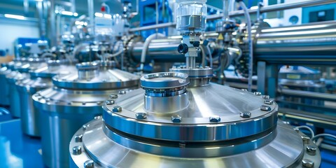 Obraz premium Photo of manufacturing equipment for pharmaceutical bioreactors. Concept Manufacturing Equipment, Pharmaceutical Industry, Bioreactors, Facility Technology, Industrial Machinery