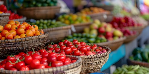 Colorful Mexican market showcasing fresh fruits and vegetables in baskets. Concept Food Market, Mexican Culture, Fresh Produce, Vibrant Colors, Culinary Diversity