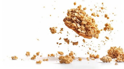 crumbled oatmeal biscuit flying on white background food photography