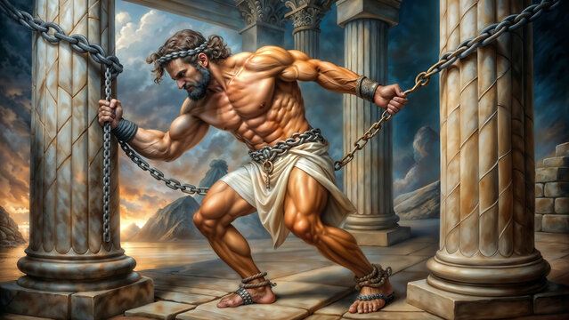 Samson the biblical hero with superhuman strength who freed Gods people from the Philistines Illustration