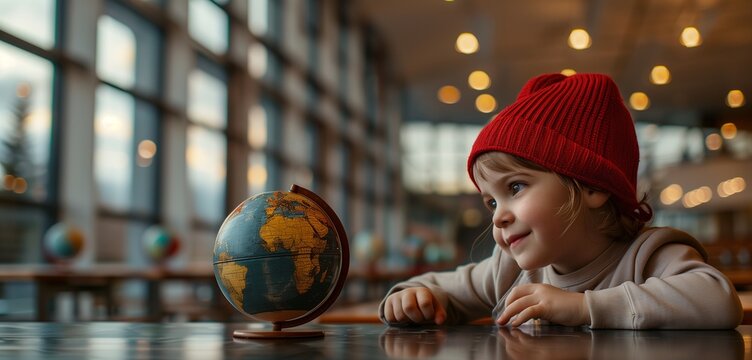 Child in a red hat, looking at a globe in a modern, well-lit classroom. - Powered by Adobe
