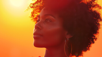 Serene portrait of a woman with natural curly hair looking hopeful with a radiant sunset background.