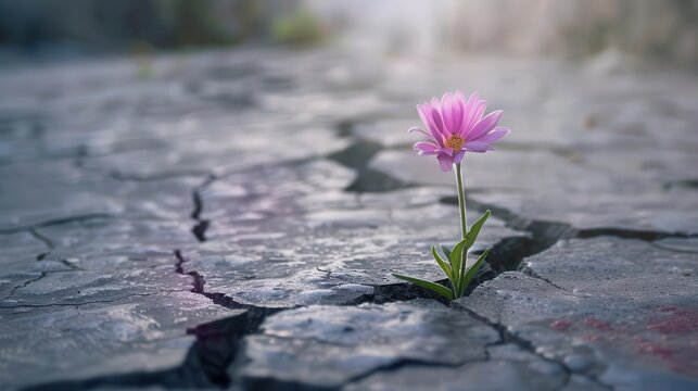 delicate flower growing through cracked street resilience and hope concept