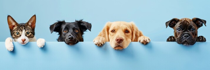 Cute dog and cat peeping with plain background.